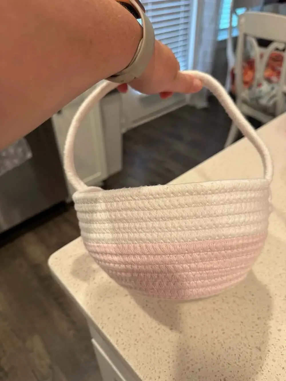 Pink and White Cotton Rope Woven Storage Basket with Handle